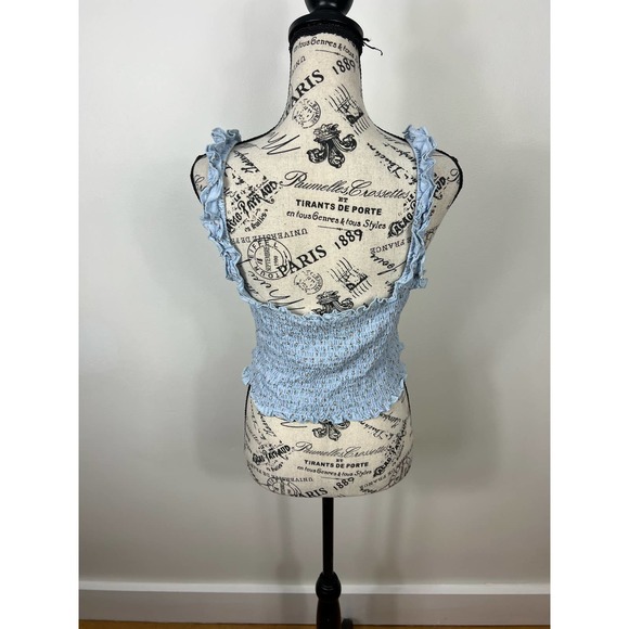 NWOT Mable Light Blue Floral Ruffle hem Wide strap Ruched Crop Top - Picture 4 of 10